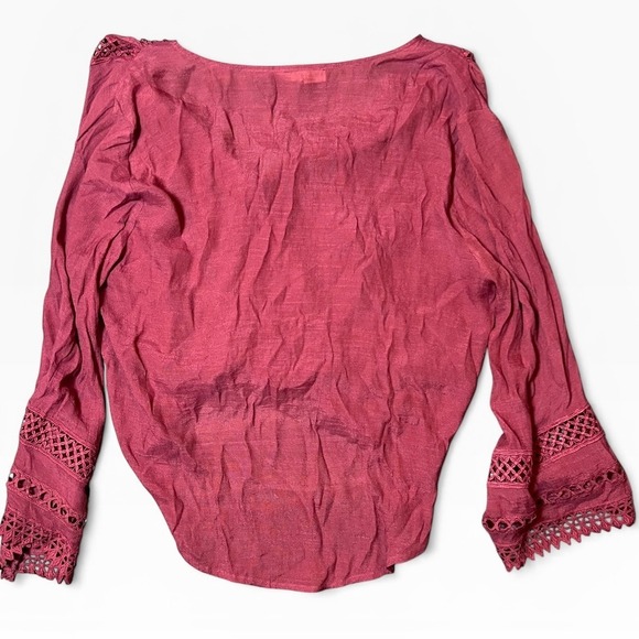 By Together Rust Crochet Lace Surplice Bell Sleeve High Low Blouse Small Peasant - Picture 2 of 9